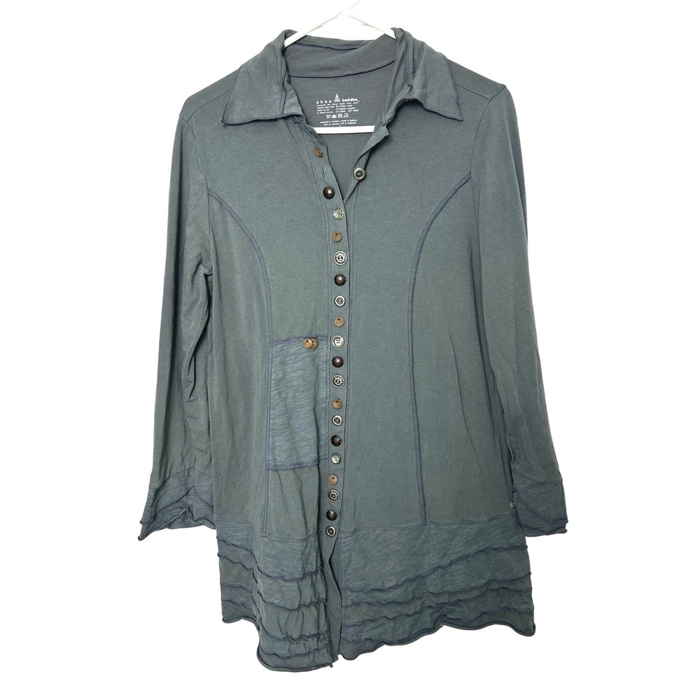 Neon Buddha Women S Gray Tunic Top Lagenlook Boho Artsy Ruffle earthy travel